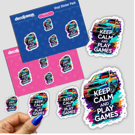 Close-up of a hand holding a Keep Calm And Play Games sticker featuring a graphic design of a car, showcasing Decal Venue's unique stickers and digital artwork offerings.