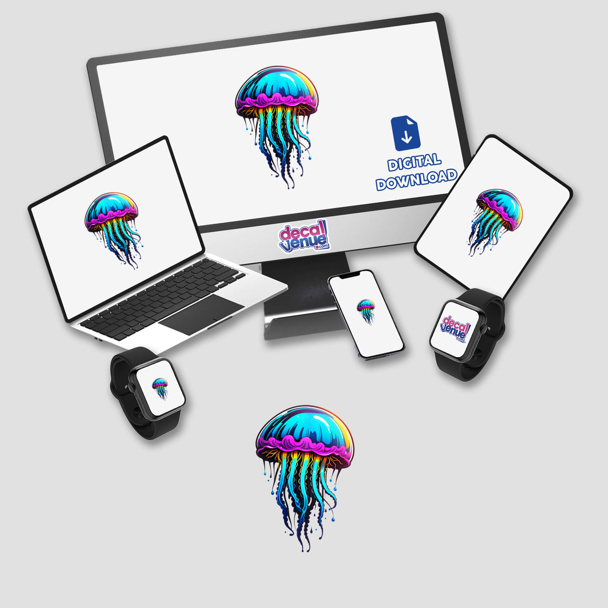 A Blue Jellyfish depicted on a computer monitor and laptop, available as stickers or digital artwork, showcasing intricate tentacles, reflecting Decal Venue's unique sticker and digital art offerings.