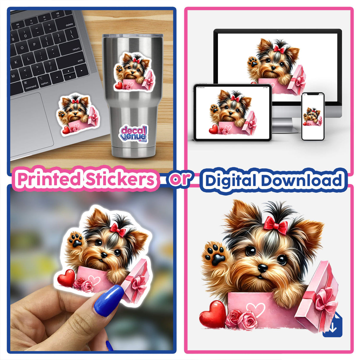 Valentine Peek a Boo Watercolor Yorkie Dog featured in a collage, depicting various expressions and poses, available as unique stickers or digital artwork from Decal Venue.