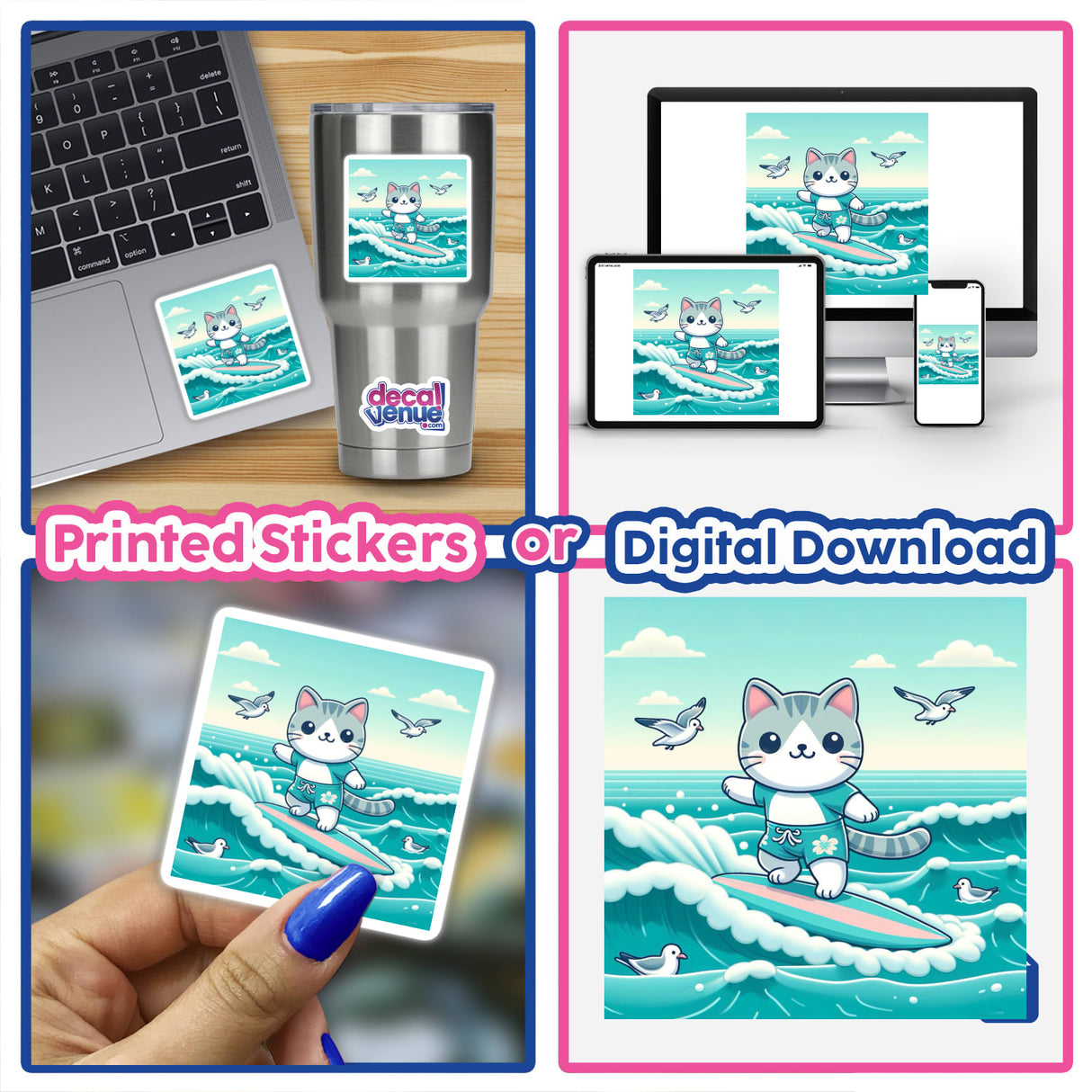 Adorable cat on a surfboard digital artwork with a colorful ocean background. Displayed on various devices and as printed stickers, showcasing the versatility of this charming digital product from Decal Venue, an online store offering unique stickers and digital art.