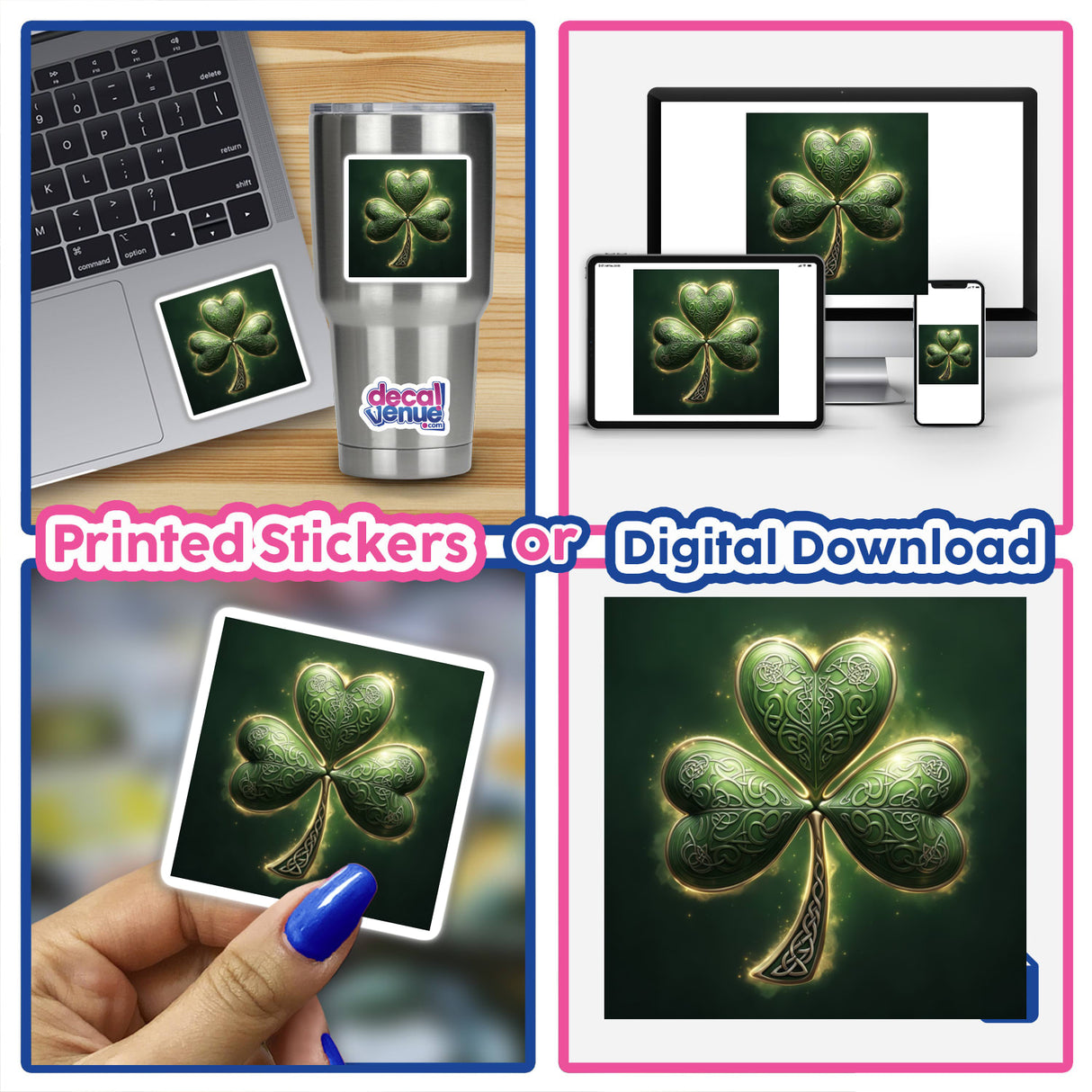 Celtic Knot Shamrock sticker or digital artwork featuring a green clover with intricate silver filigree designs, as showcased in a collage of digital screens and creative settings.