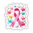 Pink Ribbon and Paper Cranes Breast Cancer Awareness sticker or digital artwork featuring a pink ribbon surrounded by intricately folded origami cranes.