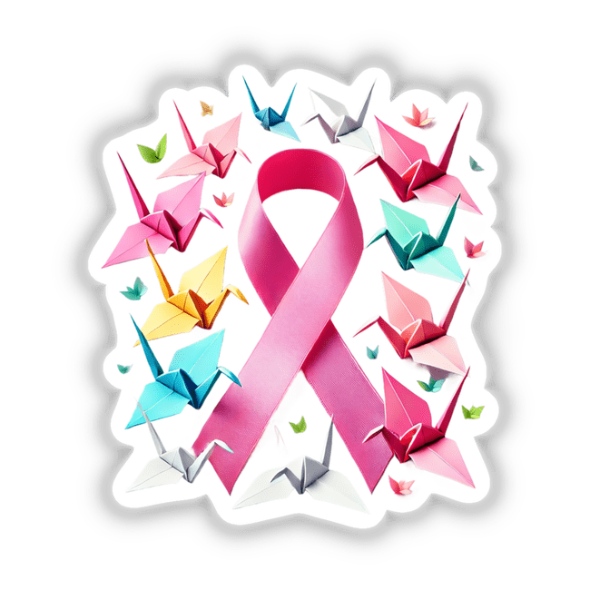 Pink Ribbon and Paper Cranes Breast Cancer Awareness sticker or digital artwork featuring a pink ribbon surrounded by intricately folded origami cranes.