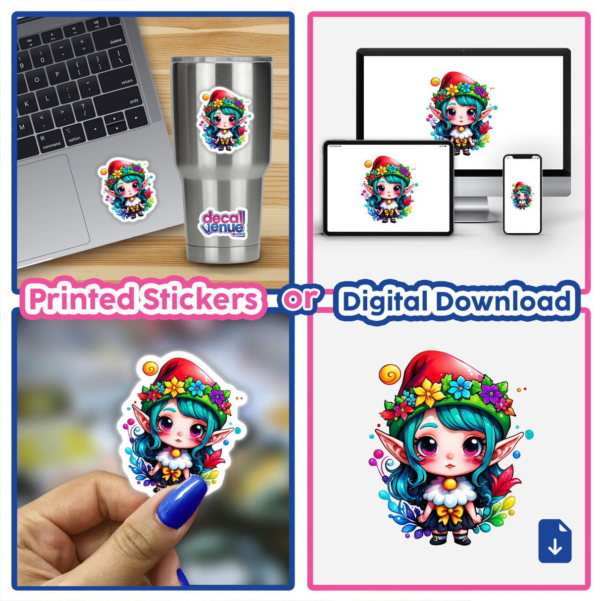 Festive Elf: Kawaii Santa Hat Elf Sticker featuring a cute cartoon character with blue hair and a hat, displayed on various items like a laptop, cup, and nail art.