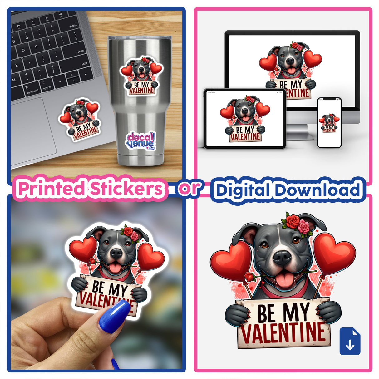 Pitbull Be My Valentine stickers feature a cartoon dog holding a sign and heart-shaped balloon, perfect for laptops or digital artwork, embodying Decal Venue's unique vinyl sticker style.