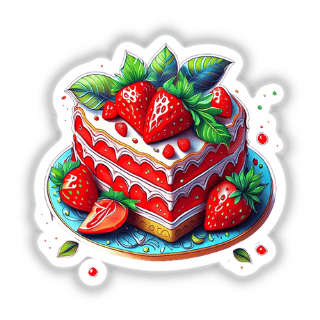 Vibrant strawberry cake on colorful plate with lush green leaves, delectable dessert with juicy red berries, tempting digital artwork from ArtMix