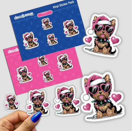 Christmas Santa Pink Yorkie Dog in Lights sticker pack featuring a cartoon Yorkie with sunglasses and a Santa hat, available as stickers or digital artwork.