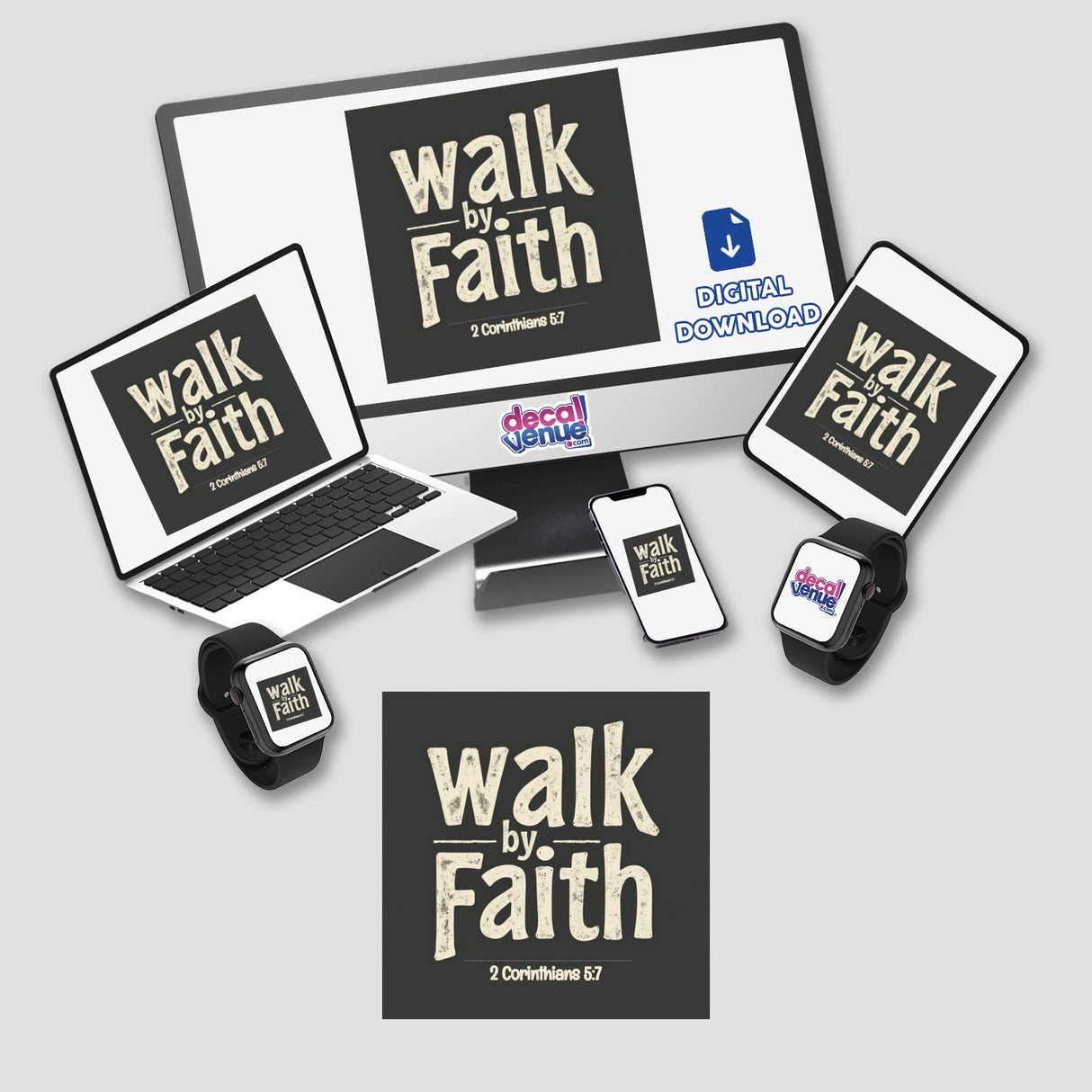 Walk By Faith – Inspired by 2 Corinthians 5:7 sticker or clipart featuring a laptop and phone displaying the affirmation, designed as uplifting Christian artwork with commercial rights.