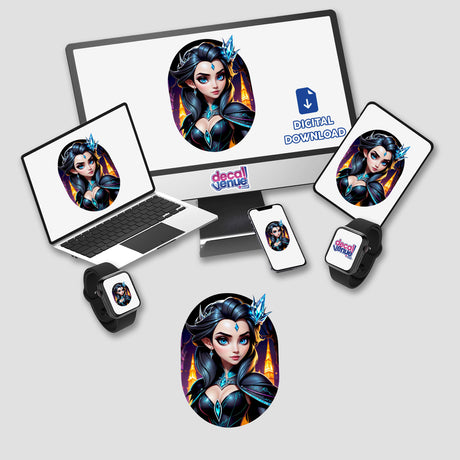 An Evil Queen Anime Girl displayed on a computer monitor and laptop, featured as stickers or digital artwork, showcasing a cartoon character from Decal Venue's unique vinyl sticker and digital art collection.