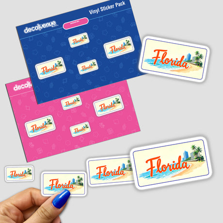 Hand holding Florida Miami Beach USA stickers, featuring text designs that capture the essence of Miami Beach, available as stickers or digital artwork from Decal Venue.