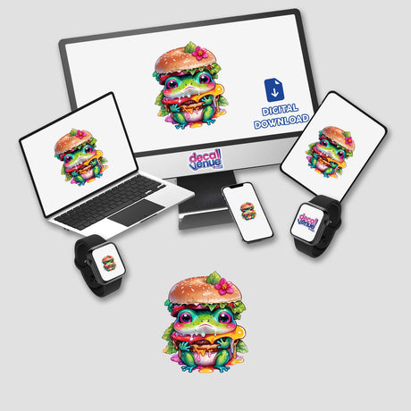 Frog Burger Delight: Cute and Juicy - a computer monitor and laptop displaying a cartoon frog with a burger, available as stickers or digital artwork.