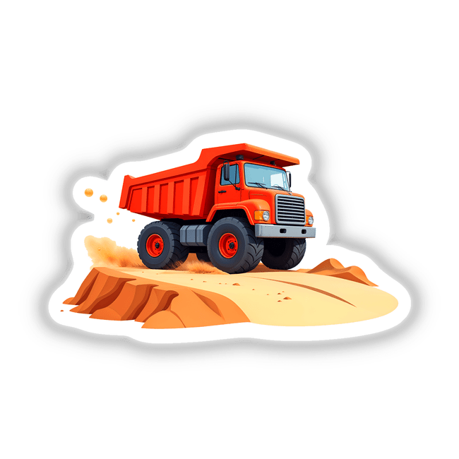 A Red Dump Truck cartoon illustration with large wheels, available as stickers or digital artwork from Decal Venue, showcasing unique designs.