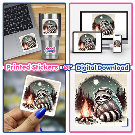 Sleepy Raccoon by the Campfire sticker featuring a cartoon raccoon wrapped in a blanket beside a campfire, available as both a sticker and digital artwork from Decal Venue.