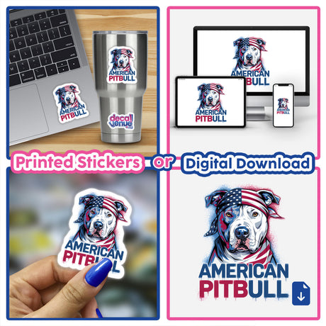 American Pitbull Dog with Flag Bandana sticker displayed on a laptop. The collage features a dog wearing a bandana, emphasizing unique sticker and digital art offerings from Decal Venue.