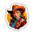 A Cute American Cowgirl illustration featuring a woman in a cowboy hat, available as stickers or digital artwork from Decal Venue, specializing in unique stickers and digital art.