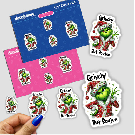 Grinchy But Boujee Christmas Rhinestone Santa Green Grouch stickers, featuring a hand holding a playful sticker pack with cartoon green cats in festive outfits, perfect for holiday decoration.