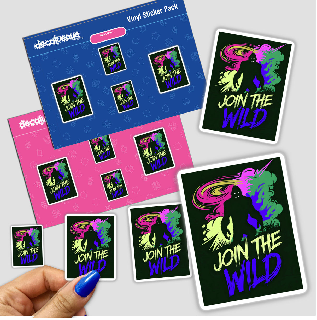 Hand holding Join The Wild With Bigfoot stickers featuring colorful designs, including a Bigfoot silhouette. Available as stickers or digital artwork from Decal Venue, known for unique graphics.