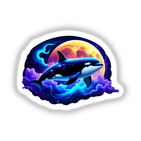 A Cute Magical Orca floating whimsically in the sky, depicted as a cartoon with a whale tail amidst purple clouds. Available as stickers or digital artwork from Decal Venue.