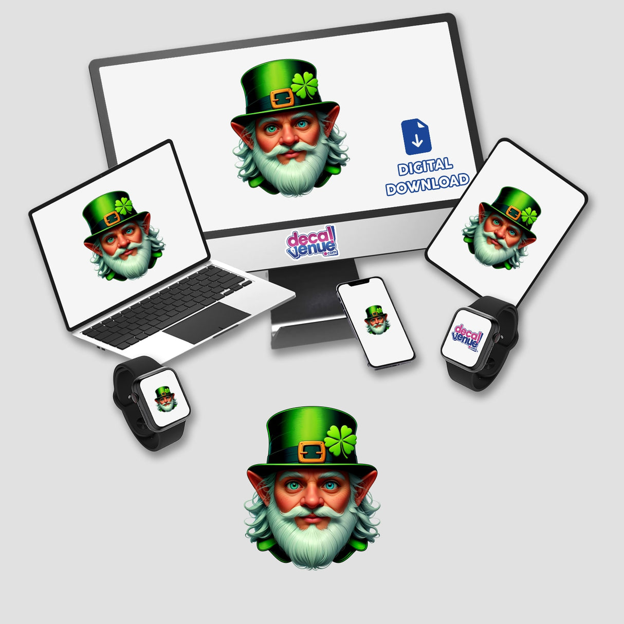 St. Patrick's Day Leprechaun stickers or digital artwork featuring a cartoon leprechaun with a white beard and green hat displayed on a computer monitor and laptop.