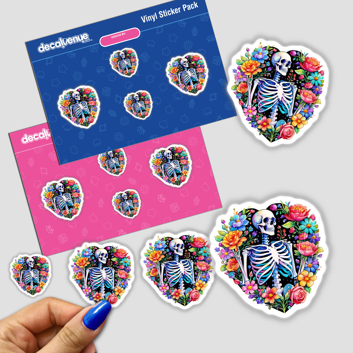 Floral skeleton heart sticker featuring a skeleton surrounded by flowers, available as stickers or digital artwork.