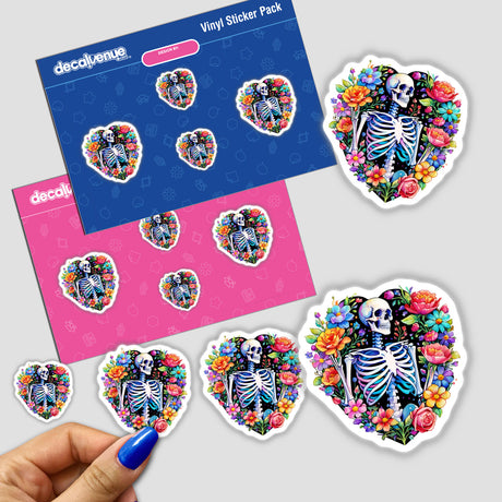 Floral skeleton heart sticker featuring a skeleton surrounded by flowers, available as stickers or digital artwork.