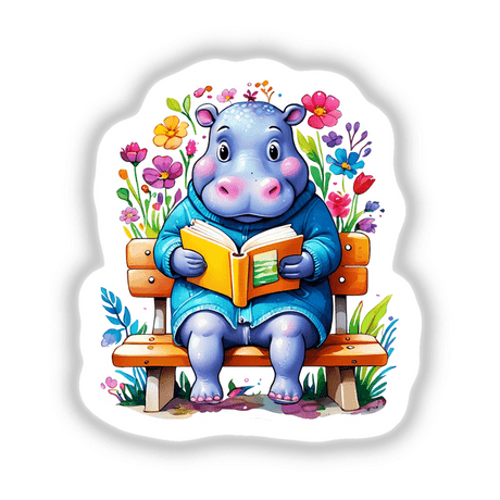 Cute Hippo Reading on a Bench: A cartoon hippo sits on a bench, engrossed in a book, available as stickers or digital artwork.