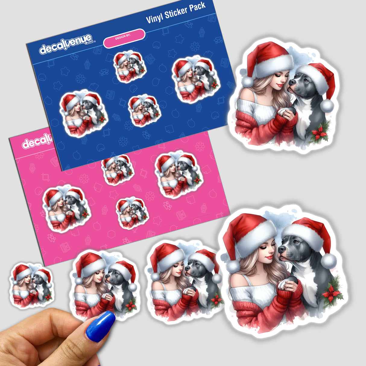 Santa Christmas Lady Loves Her Pitbull Dog II sticker pack features a woman and a dog, both in Santa hats, showcasing a festive and whimsical design, ideal for unique sticker collections.