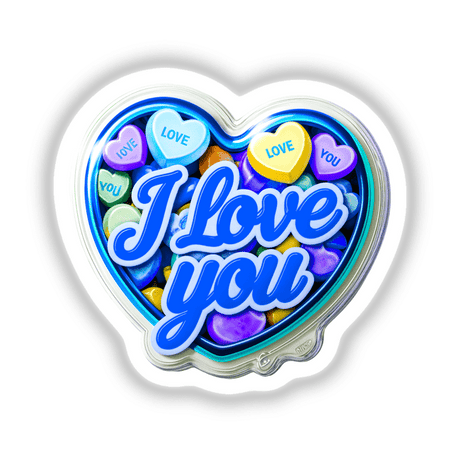 Heart-shaped candy container with the text I Love You Valentine's Day Heart, available as stickers or digital artwork, showcasing a playful design.