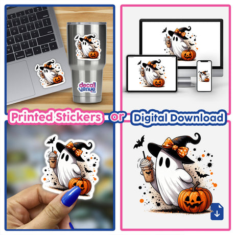 Cute Halloween Ghost w/ Drink and Pumpkin sticker collage on laptop and mug, available as stickers or digital artwork.