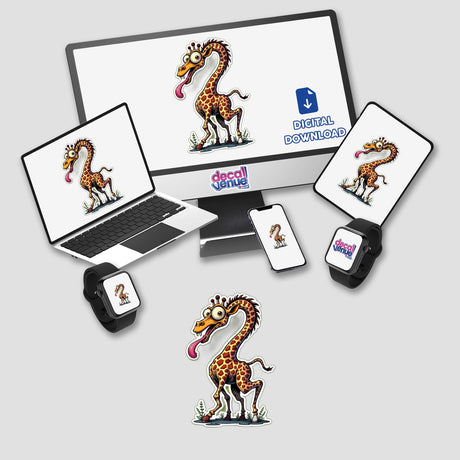 Girafa Corcunda: A computer monitor, laptop, and smart watch, all displaying a cartoon giraffe with a long neck and tongue, available as stickers or digital artwork.