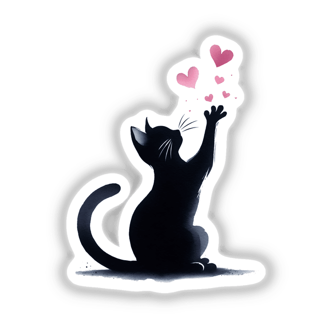 Whimsical black cat reaching for pink hearts digital artwork