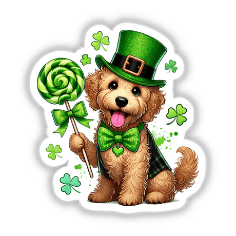 Irish Leprechaun Goldendoodle with Lollipop: Cartoon dog in green hat and bow tie, holding a lollipop. Available as stickers or digital artwork from Decal Venue's unique collection.