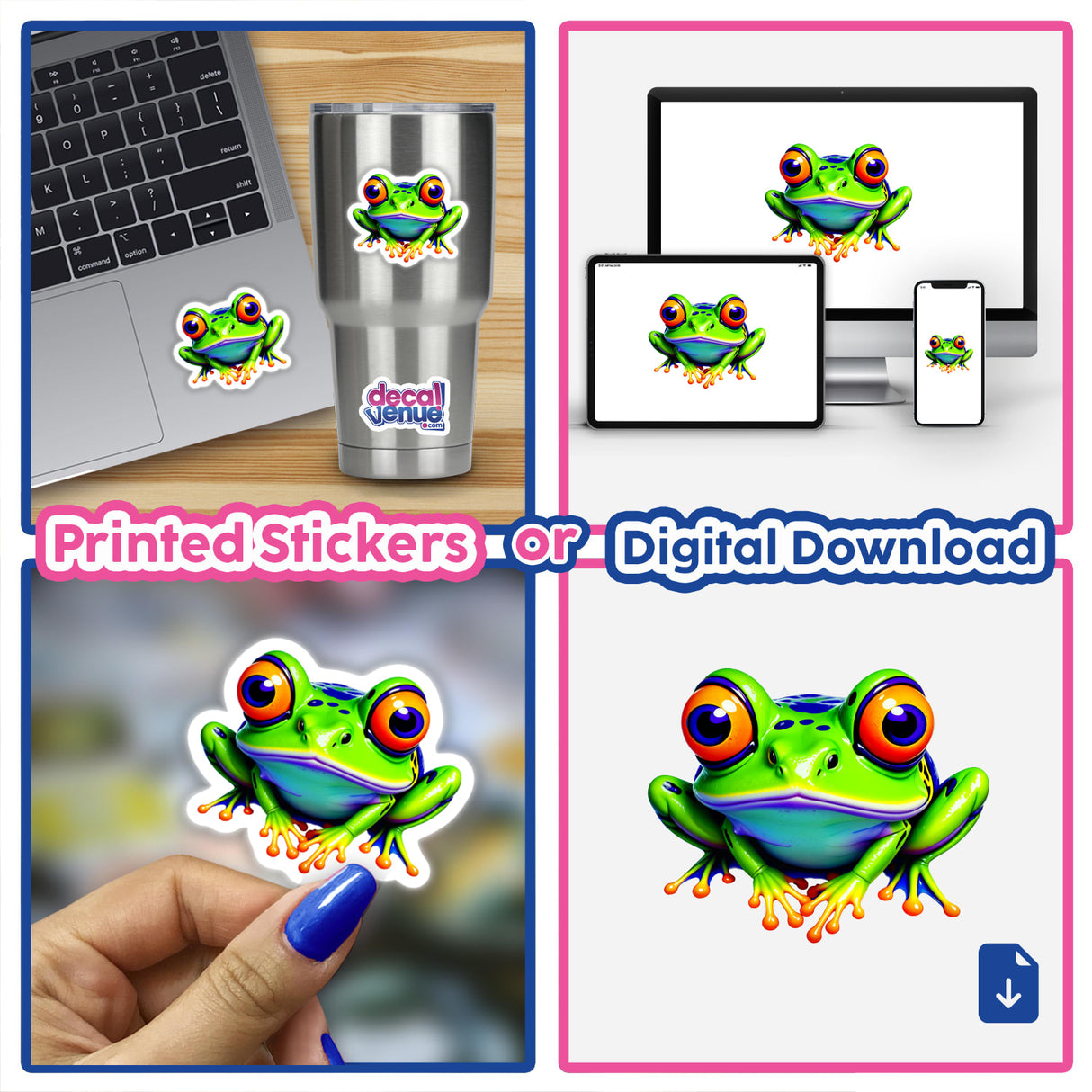 A Colorful Jungle Frog sticker or digital artwork featuring a vibrant green frog with orange eyes and blue spots, shown on a laptop and cup, available from Decal Venue.