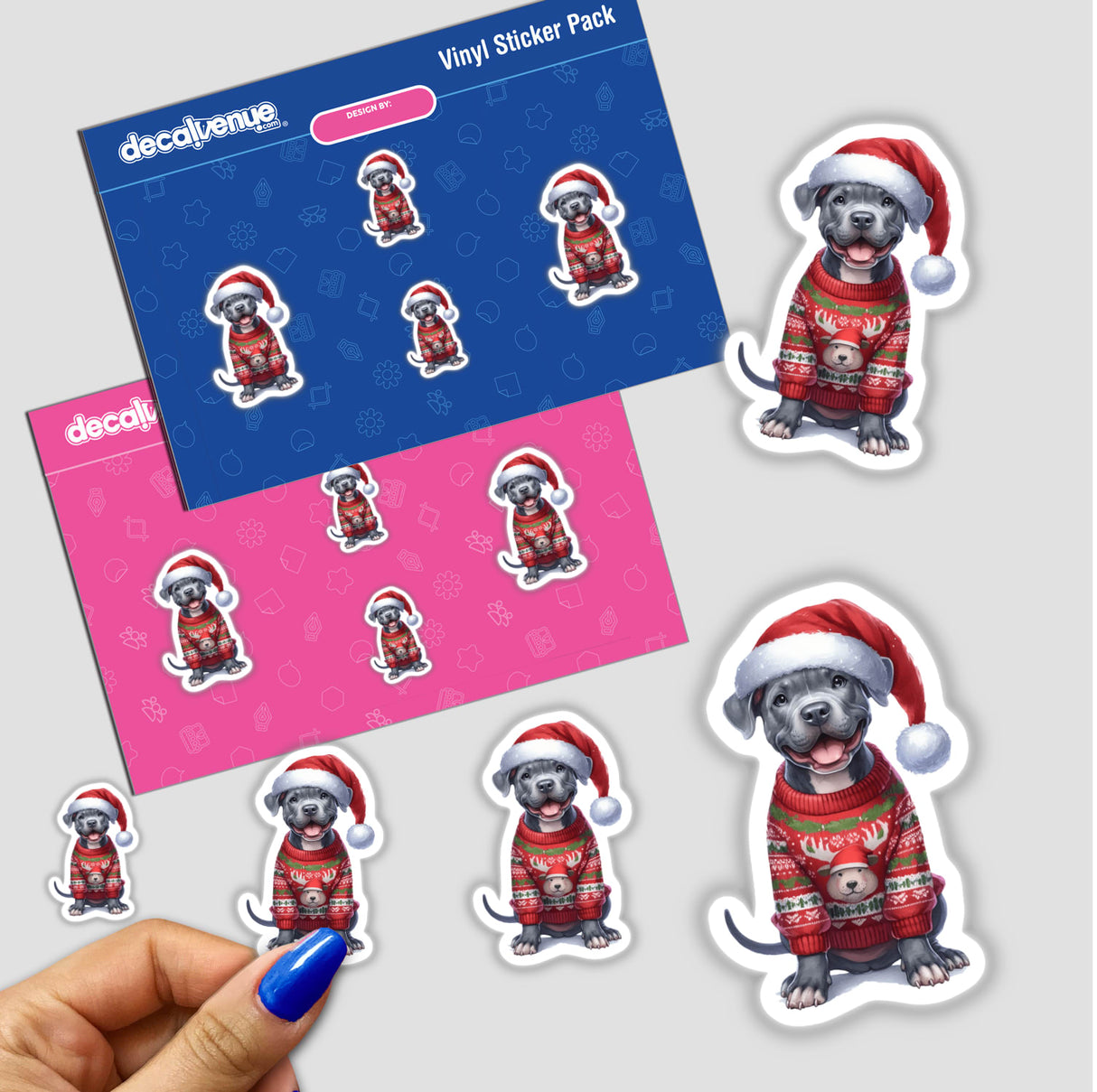 Pitbull Santa Dog in Ugly Christmas Sweater stickers featuring a cartoon dog wearing a festive sweater and Santa hat, available as stickers or digital artwork from Decal Venue's unique collection.