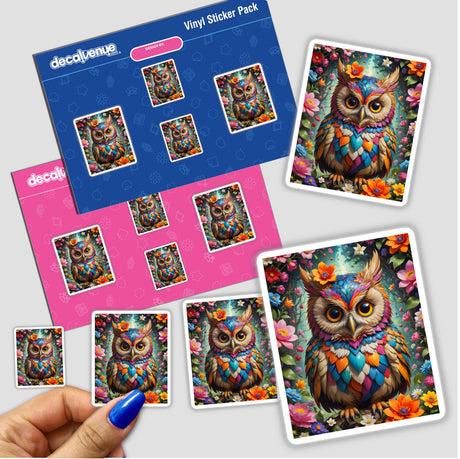 A Lovely Owl With Blooming Flowers sticker featuring a vibrant cartoon owl adorned with flowers, available as stickers or digital artwork from Decal Venue.