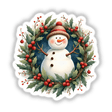 Snowman in a Christmas Wreath, featuring a snowman with a hat and carrot nose surrounded by a decorative wreath, available as stickers or digital artwork.