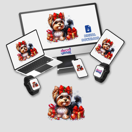 Christmas Yorkie Dog II displayed on computer monitor and laptop screens, showcasing a festive dog with a bow, available as stickers or digital artwork.