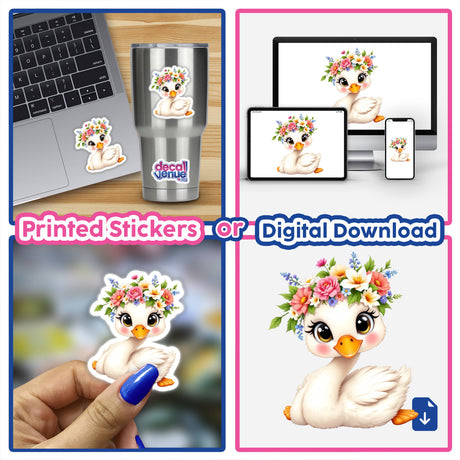 Elegant Swan with a Flower Crown: A collage of whimsical cartoon ducks adorned with floral crowns, available as unique stickers or digital artwork from Decal Venue.