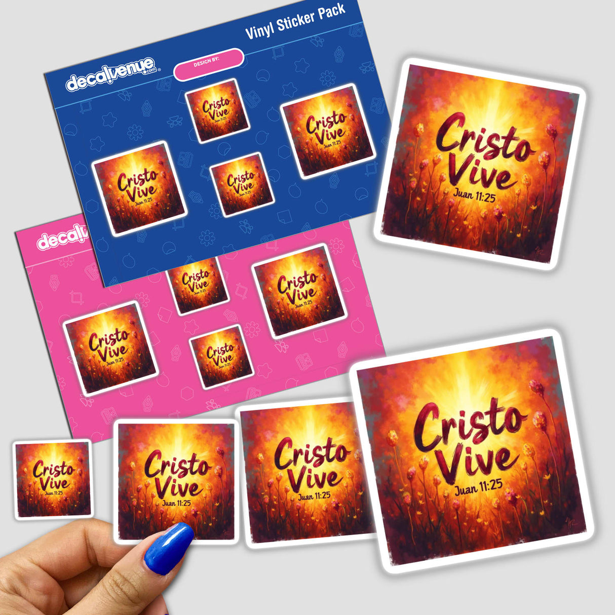 Hand holding the Cristo Vive Juan 11:25 Sticker or Clipart featuring Resurrection Sunday Fauvist design, part of Decal Venue's unique vinyl sticker and digital art collection.