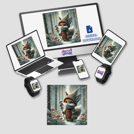 Foxy Forager: A cartoon fox in a hat and scarf, holding a basket in a snowy forest, displayed on a computer monitor and laptop. Available as stickers or digital artwork.