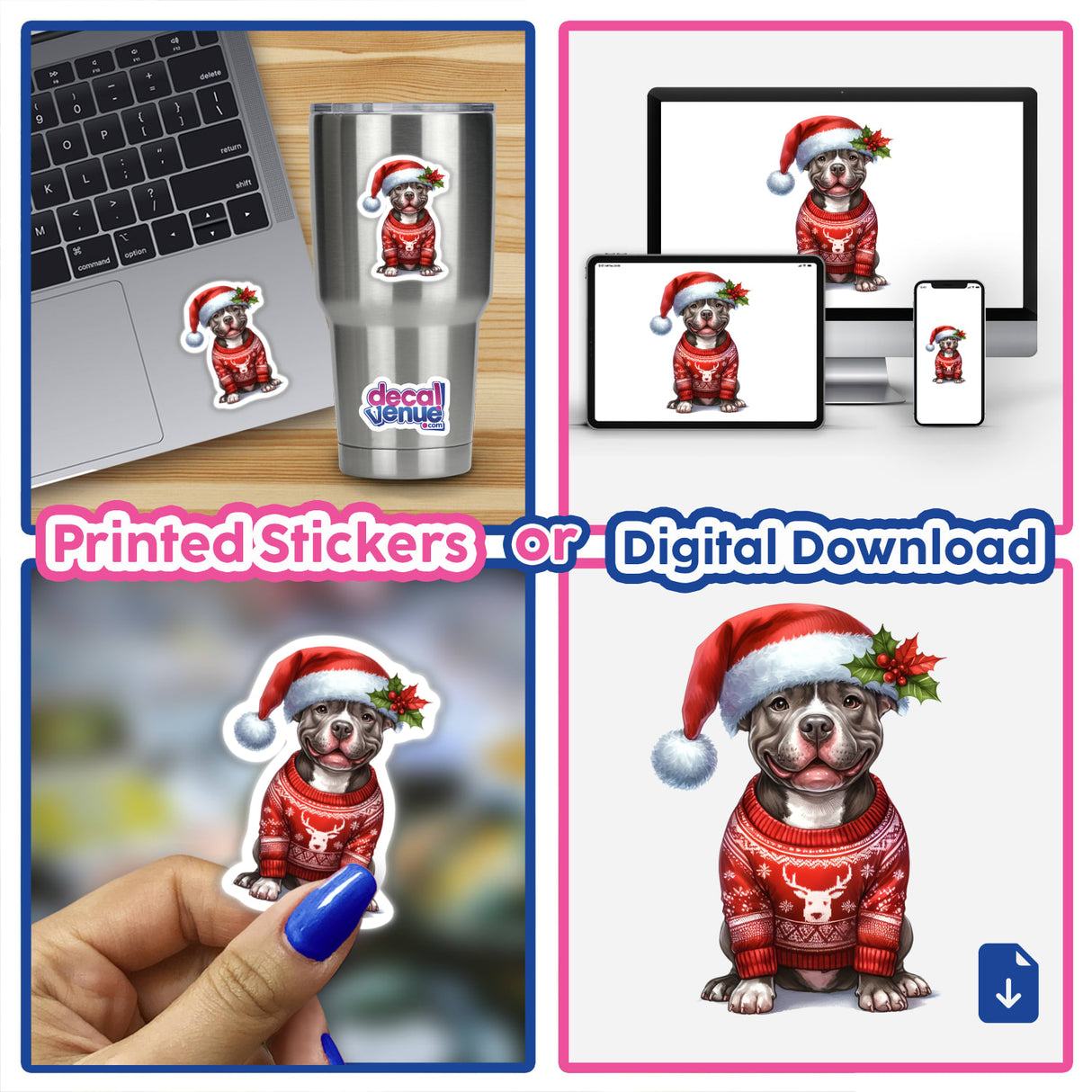 Pitbull Santa Dog in Ugly Christmas Sweater III depicted in digital artwork form, featuring a dog in a festive red sweater and Santa hat, available as stickers or digital downloads.