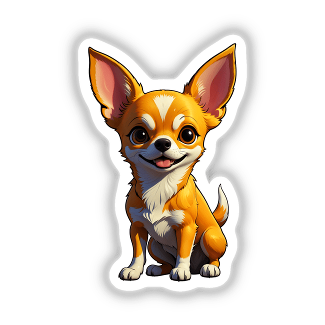 Cute Chihuahua cartoon with big ears, tongue sticking out, available as stickers or digital artwork from Decal Venue, showcasing unique vinyl stickers and digital art options.