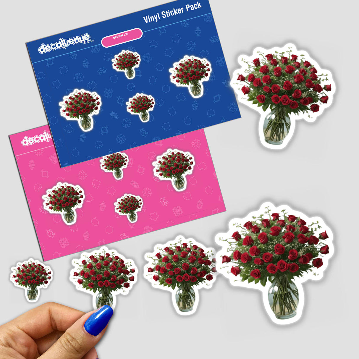 Hand holding a sticker pack featuring a vibrant bouquet of red roses, part of the Stunning Red Roses Bouquet Clipart collection available as stickers or for commercial digital use.