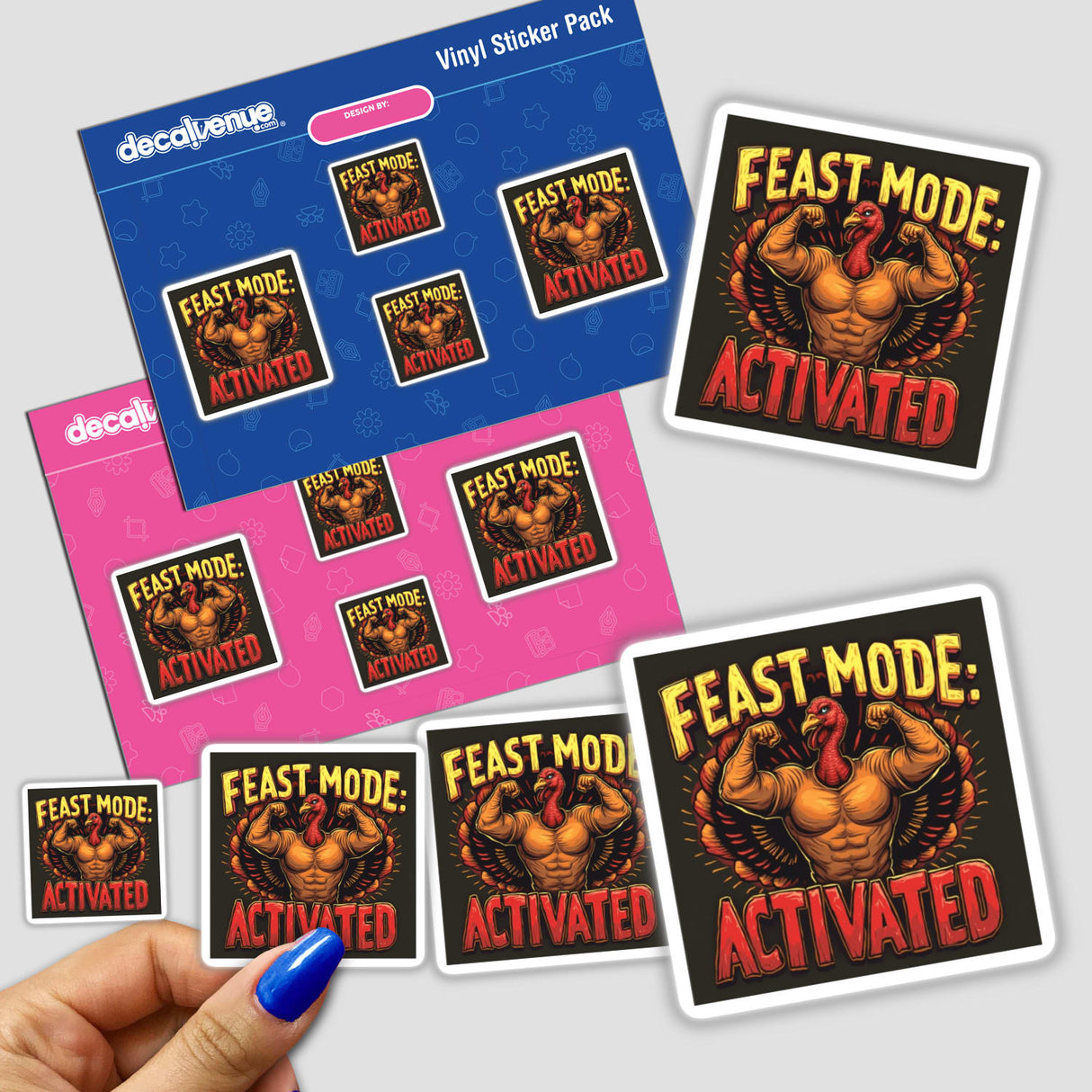 Feast Mode: Activated Thanksgiving Sticker & Clipart features a turkey flexing muscles, ideal for stickers or digital artwork, reflecting Decal Venue's unique collection.