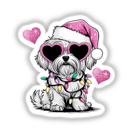 Christmas Santa Pink Maltese Dog in Lights illustration featuring a dog wearing a Santa hat, sunglasses, and a string of lights. Available as stickers or digital artwork. Perfect for festive decorations.