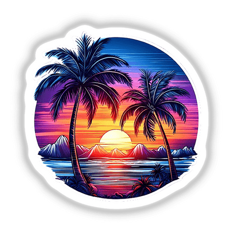 Colorful retro tropical sunset with palm trees and mountain silhouettes