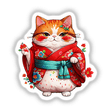 Chubby Kimono Kitty: Adorable Fat Cat in Red Robes, illustrated as a cartoon cat wearing a detailed kimono, perfect for stickers or digital art from Decal Venue.