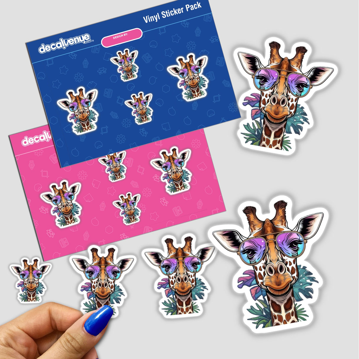 Stickers featuring a giraffe wearing colorful sunglasses, part of Decal Venue's unique vinyl collection, available as physical stickers or digital artwork.