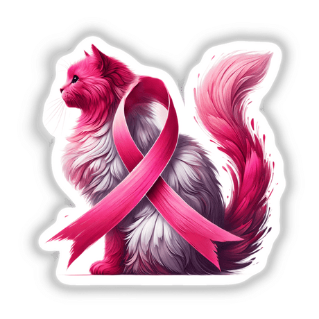 Cat Pink Ribbon Breast Cancer illustration featuring a sketch of a cat with a pink ribbon around its neck, available as stickers or digital artwork from Decal Venue.