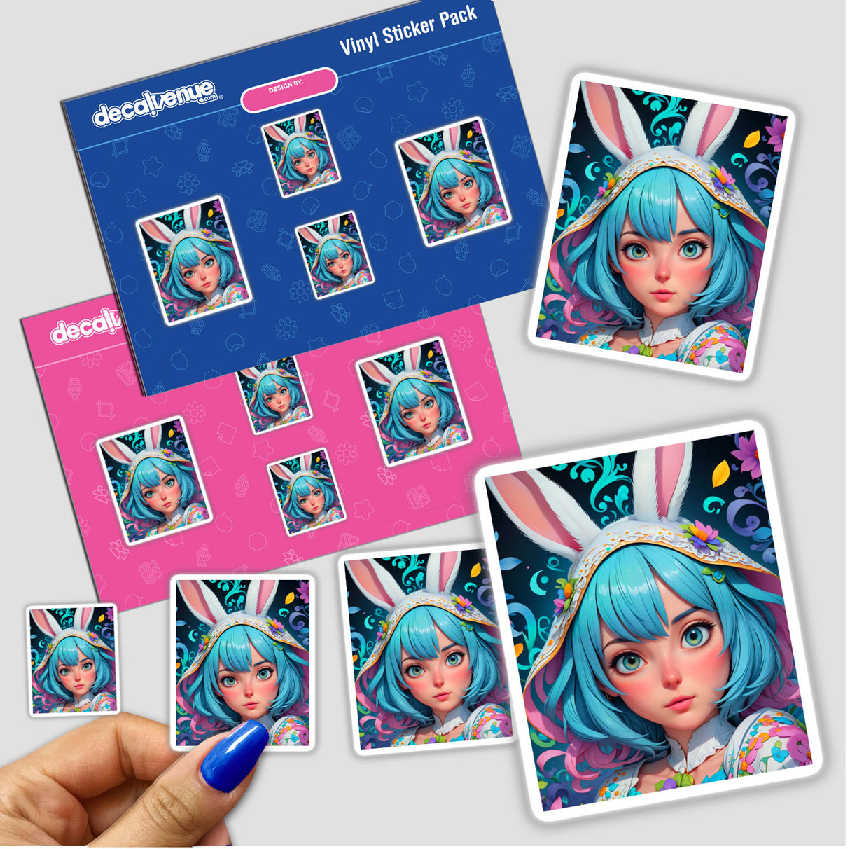 A Cute Easter Bunny Girl sticker pack featuring cartoon characters, including a girl with blue hair and rabbit ears, available as unique vinyl stickers or digital artwork from Decal Venue.